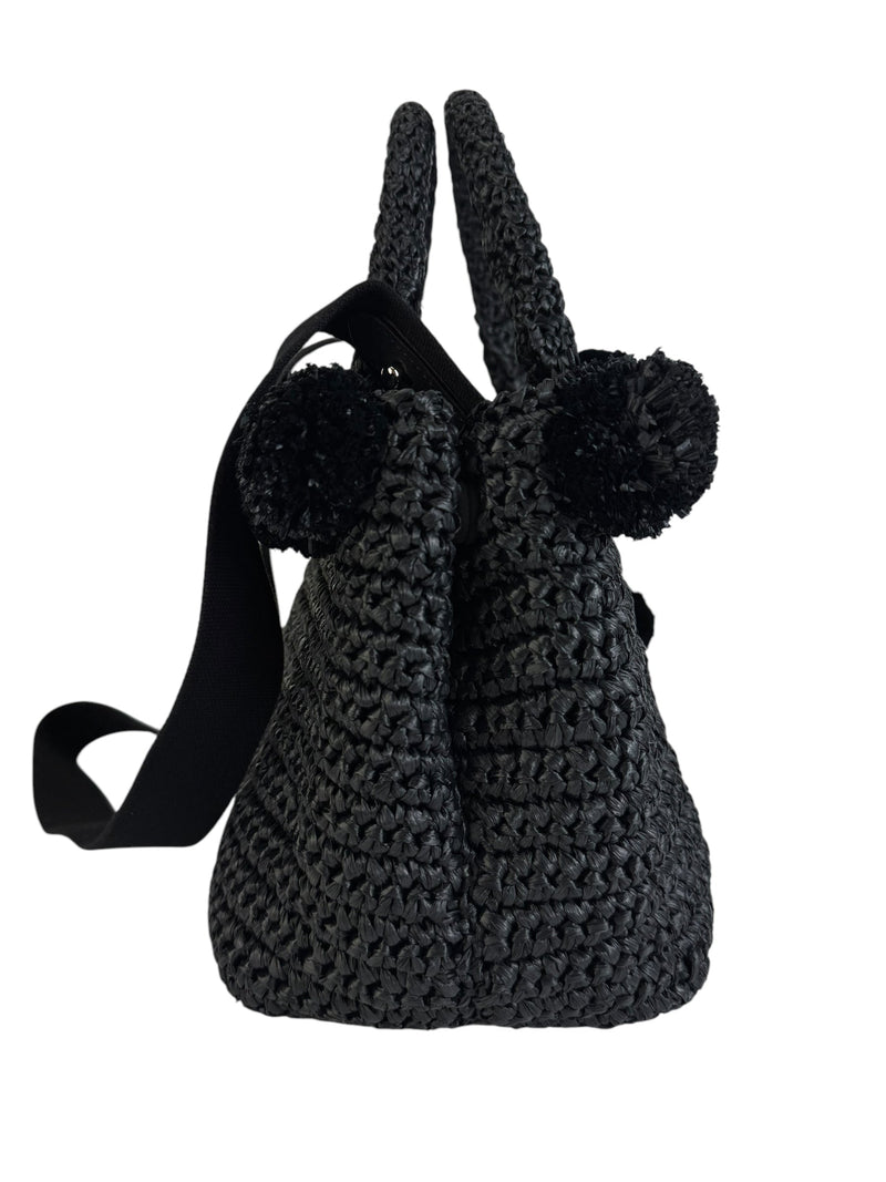 Prada Black Raffia Bag W/ Pom Poms and Strap