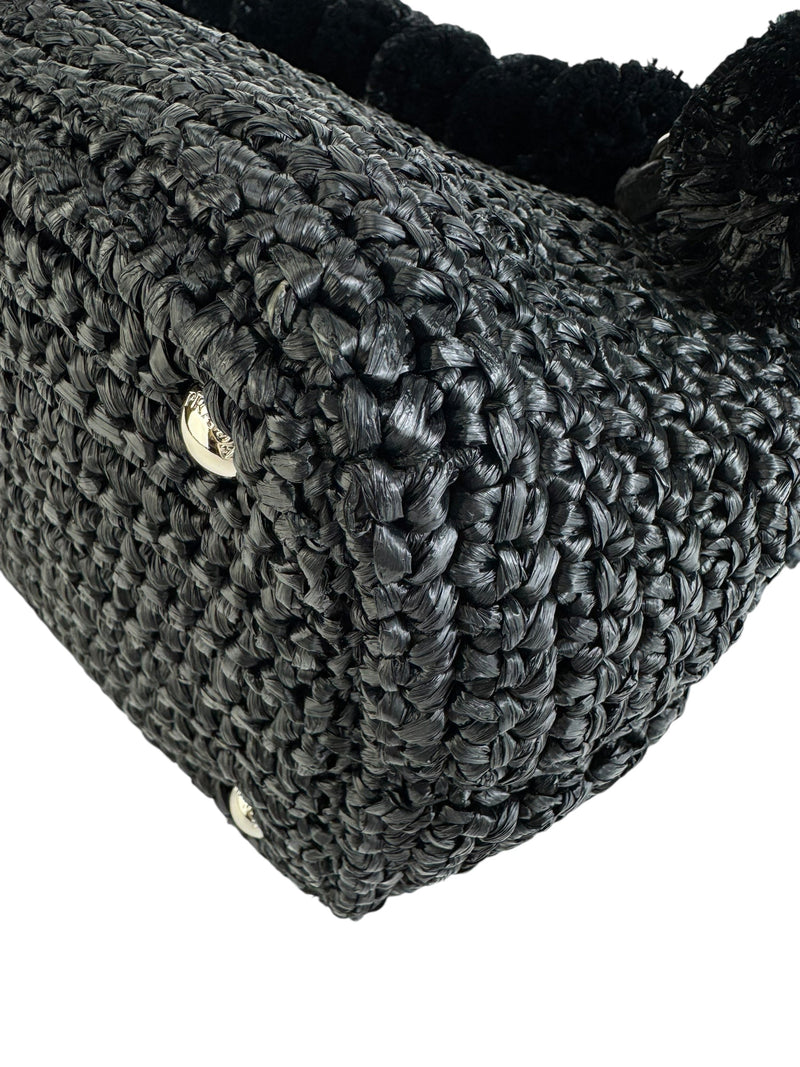 Prada Black Raffia Bag W/ Pom Poms and Strap