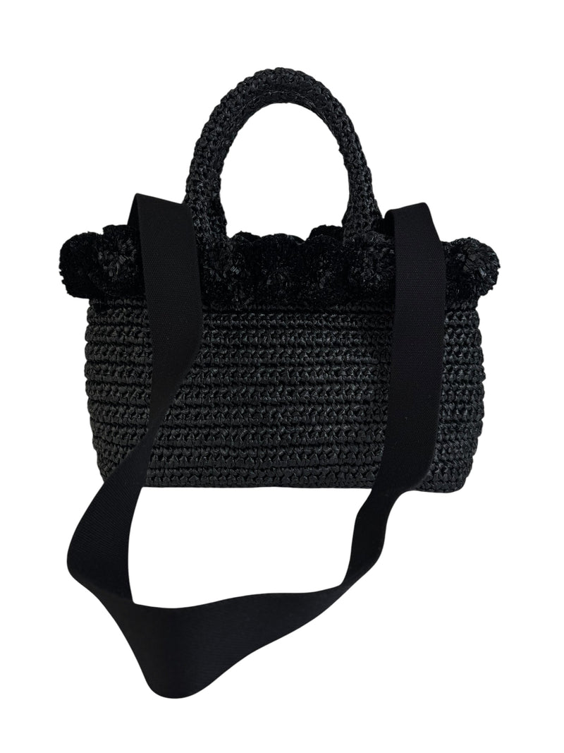 Prada Black Raffia Bag W/ Pom Poms and Strap