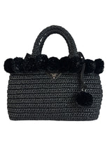 Prada Black Raffia Bag W/ Pom Poms and Strap