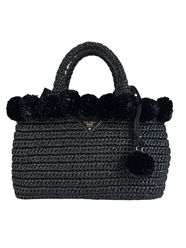 Prada Black Raffia Bag W/ Pom Poms and Strap