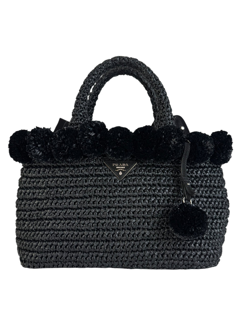 Prada Black Raffia Bag W/ Pom Poms and Strap