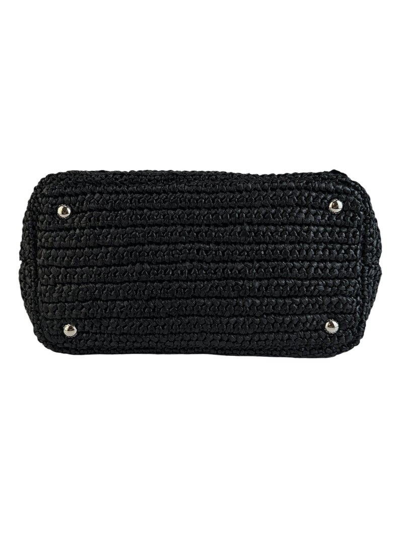 Prada Black Raffia Bag W/ Pom Poms and Strap