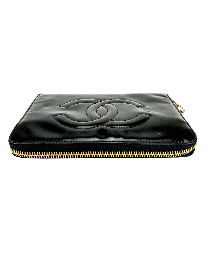 Chanel Black Patent Zip Around Wallet