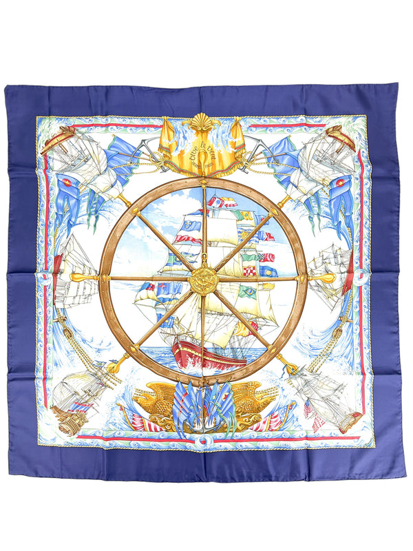 Hermès Navy Vive Le Vent Silk Scarf 90cm