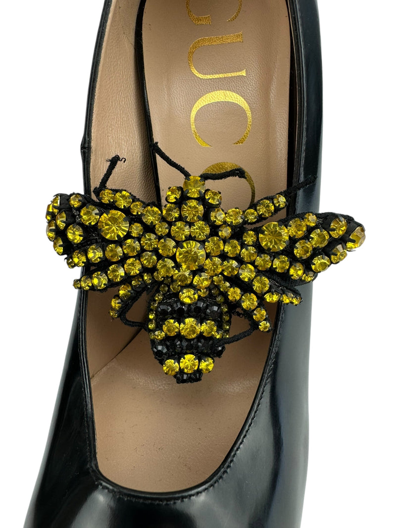 Gucci Black Leather Elaisa Pump w/ Bumble Bee Applique