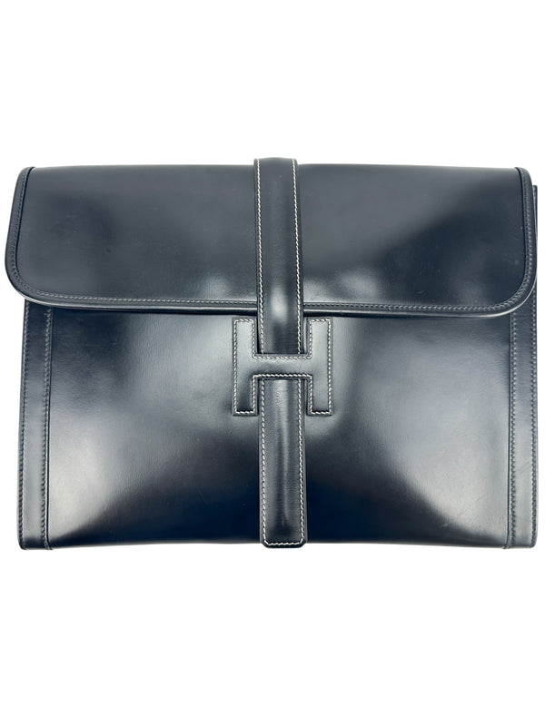 Hermès Vintage Black Box Calf Leather Jige Clutch GM