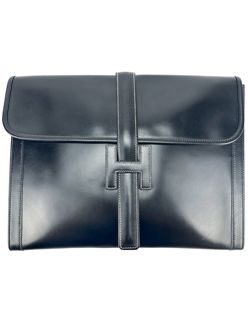 Hermès Vintage Black Box Calf Leather Jige Clutch GM
