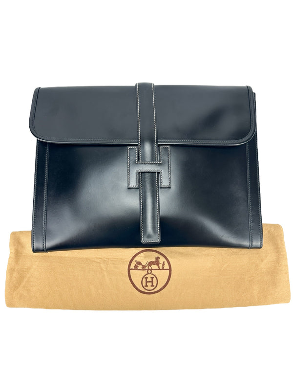 Hermès Vintage Black Box Calf Leather Jige Clutch GM