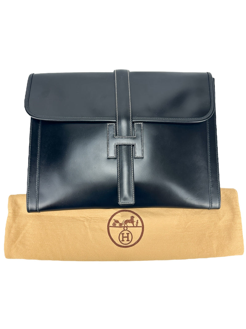 Hermès Vintage Black Box Calf Leather Jige Clutch GM