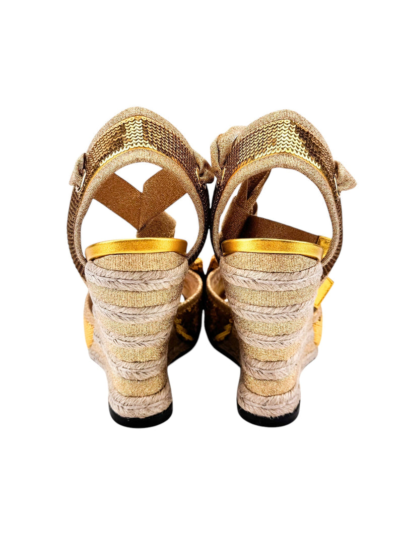 Gucci Gold Sequin Wedge Espadrilles Size 37.5