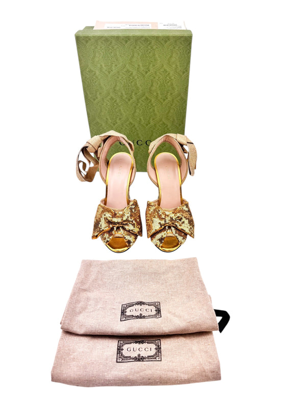 Gucci Gold Sequin Wedge Espadrilles Size 37.5