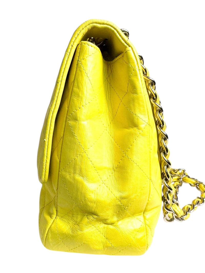 Chanel Yellow Leather Quilted Large Flap Handbag