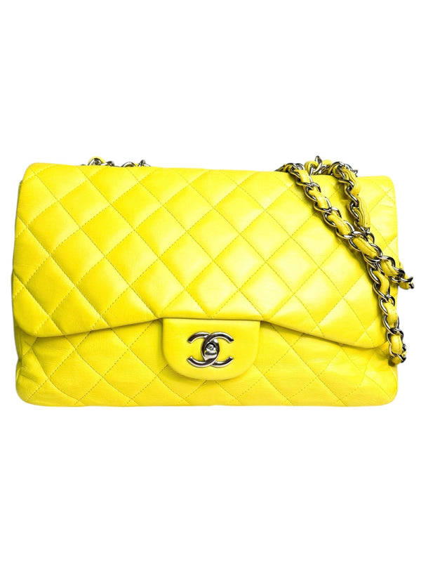 Chanel Yellow Leather Quilted Large Flap Handbag