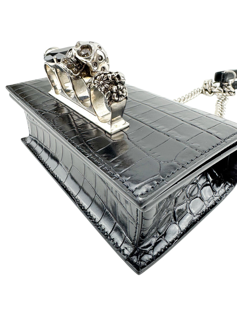 Alexander McQueen Black Croc Embossed Jewelled Knuckle Crossbody Bag