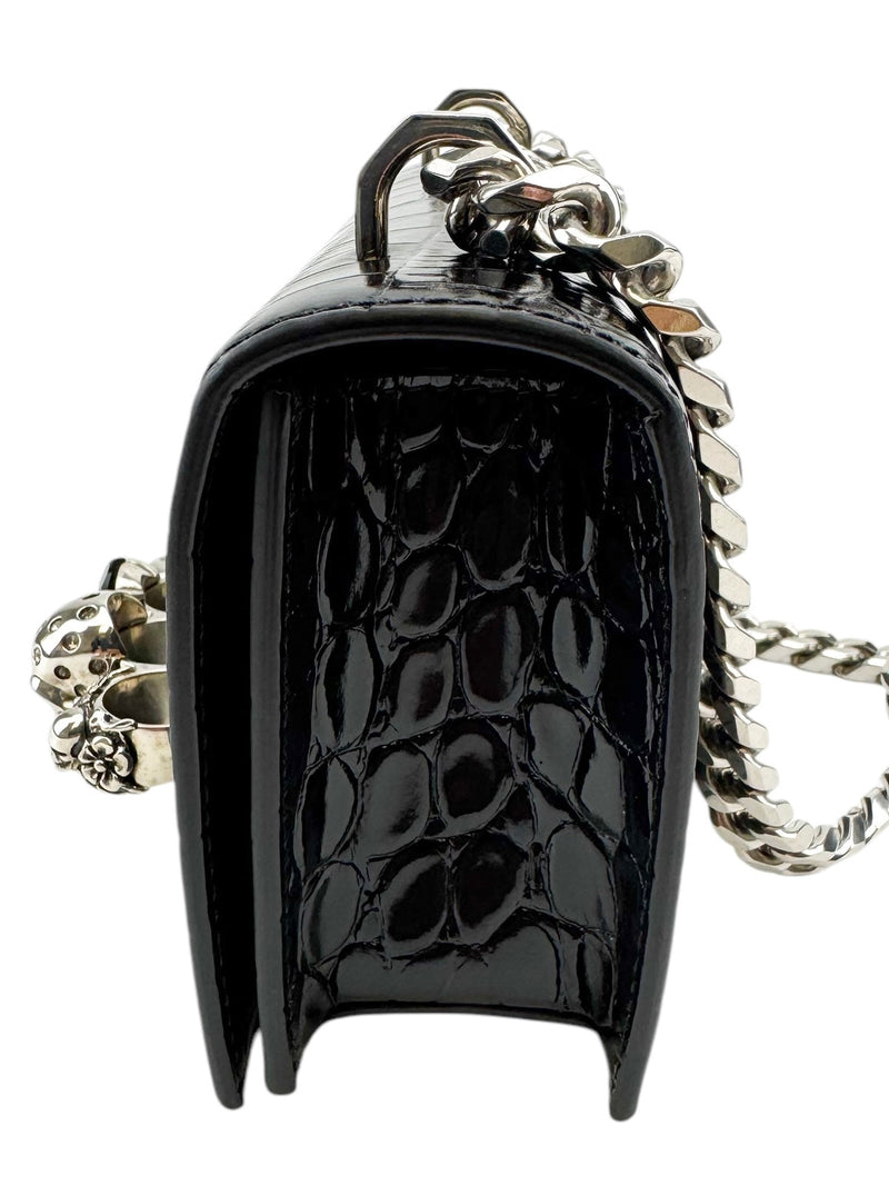 Alexander McQueen Black Croc Embossed Jewelled Knuckle Crossbody Bag