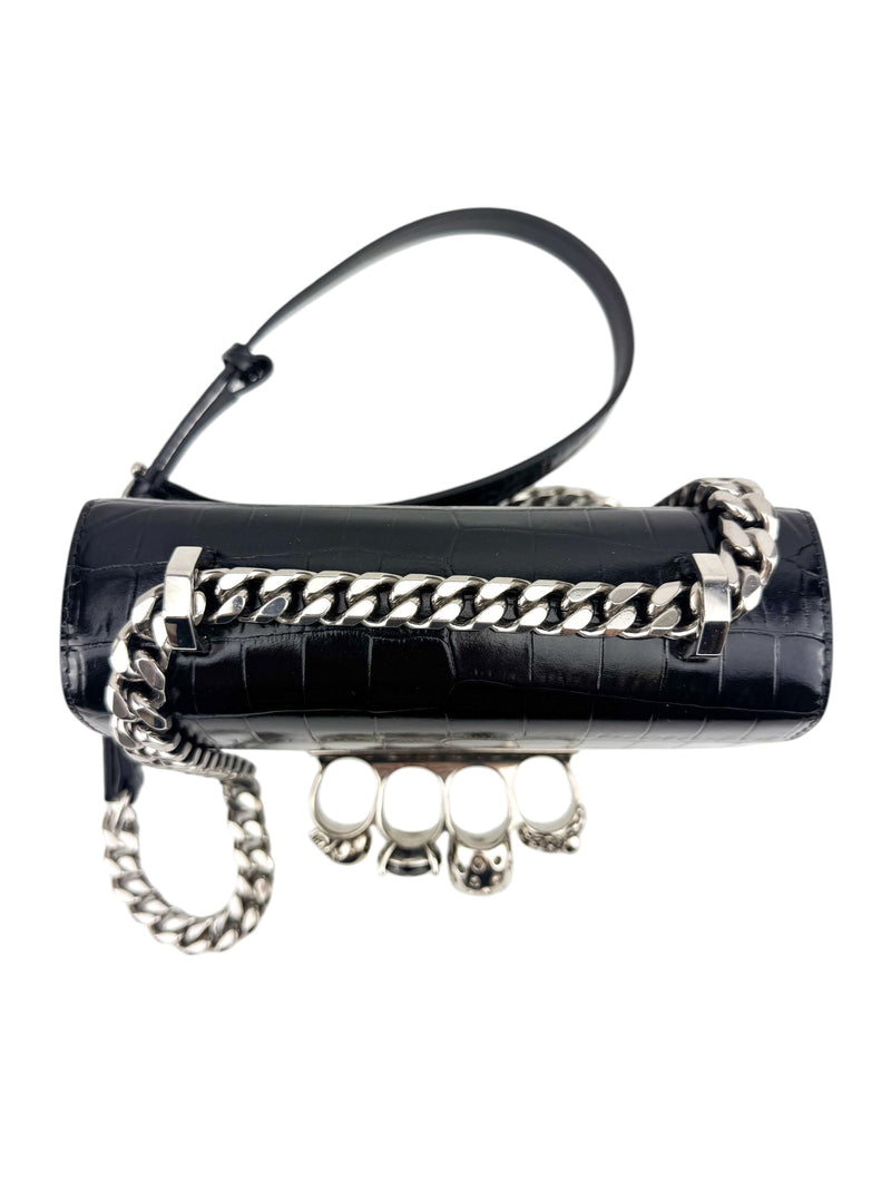 Alexander McQueen Black Croc Embossed Jewelled Knuckle Crossbody Bag
