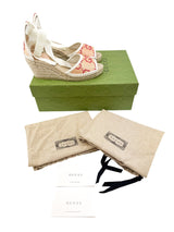 Gucci Beige Raffia GG Ankle Wrap Wedge Size 36