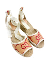 Gucci Beige Raffia GG Ankle Wrap Wedge Size 36