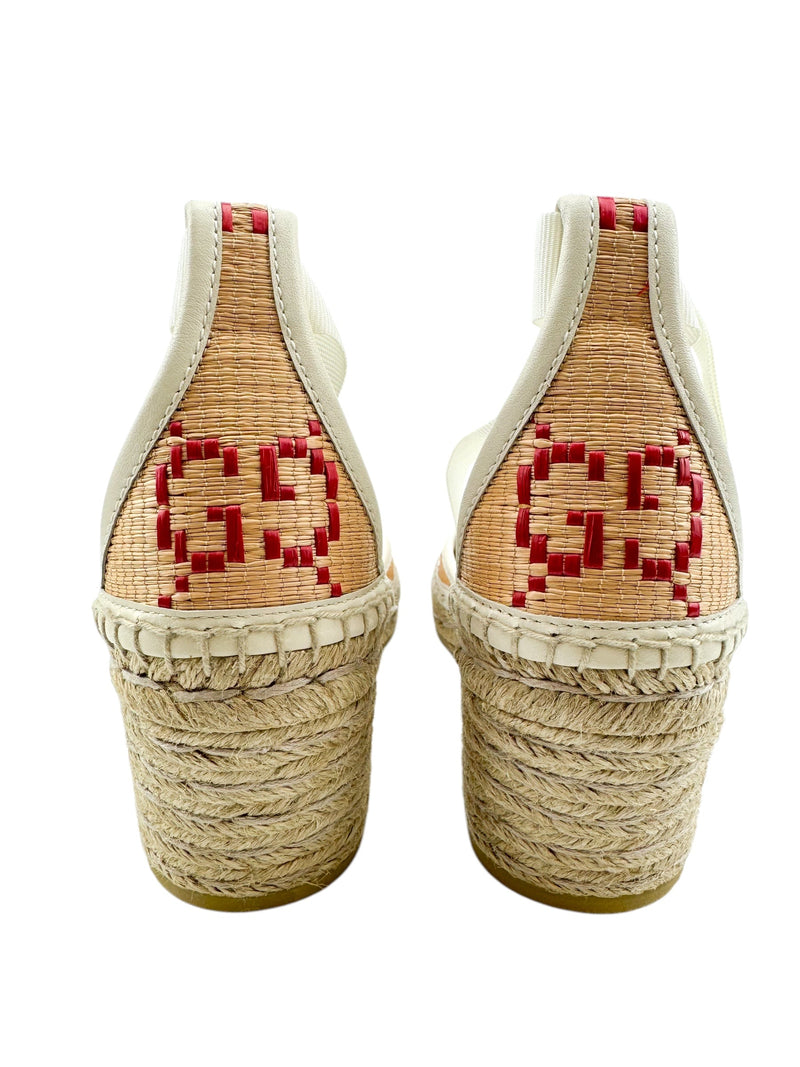 Gucci Beige Raffia GG Ankle Wrap Wedge Size 36