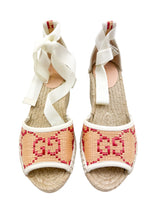 Gucci Beige Raffia GG Ankle Wrap Wedge Size 36