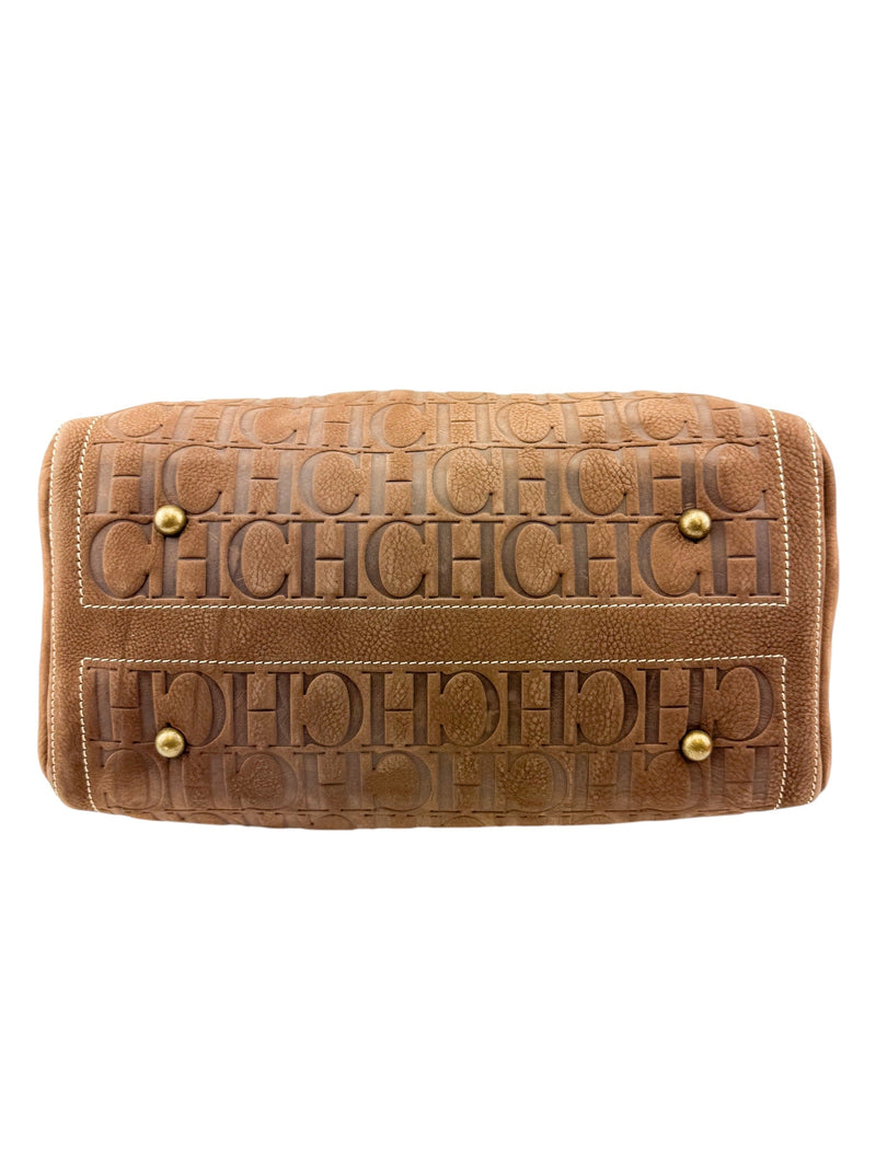 Carolina Herrera Brown Suede Leather Logo Boston Bag