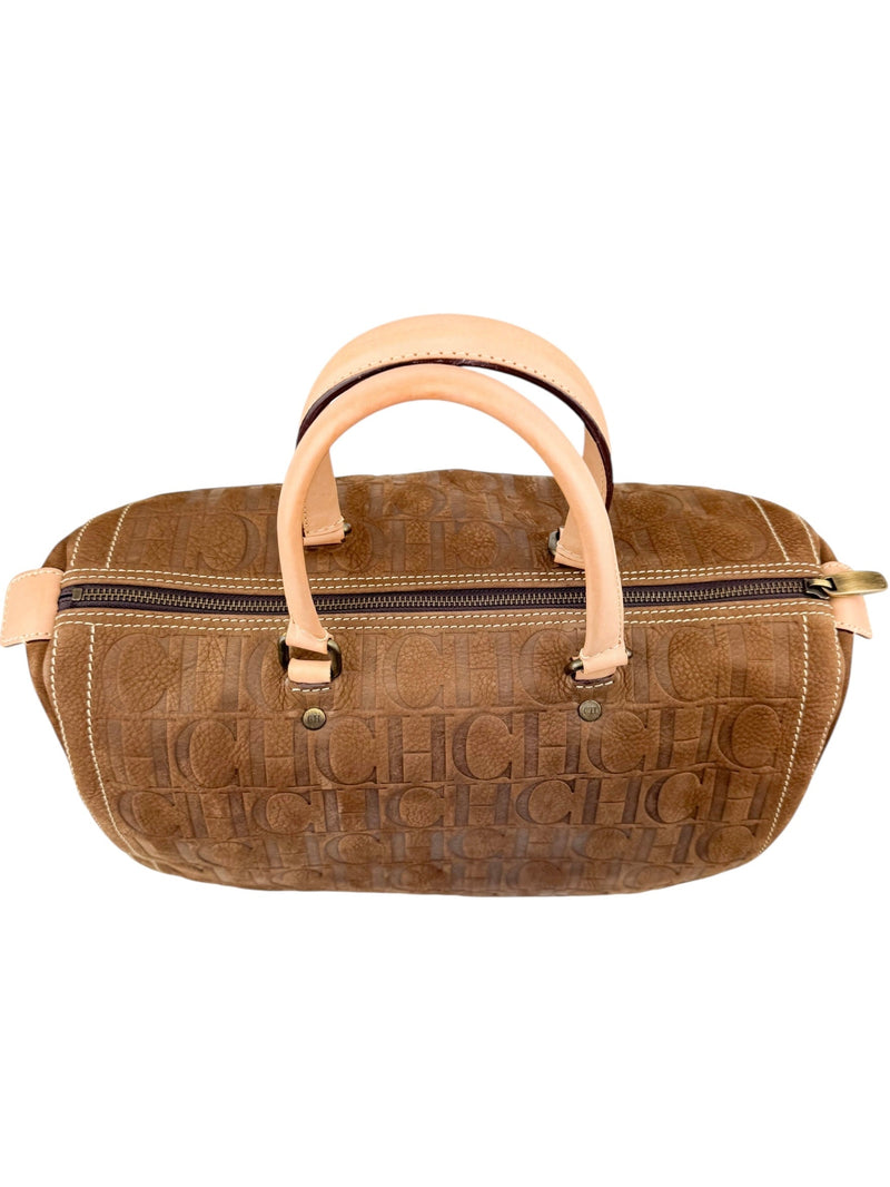 Carolina Herrera Brown Suede Leather Logo Boston Bag