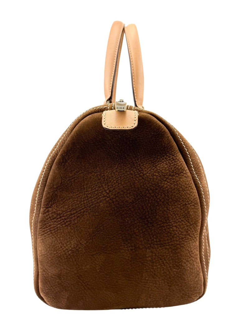 Carolina Herrera Brown Suede Leather Logo Boston Bag