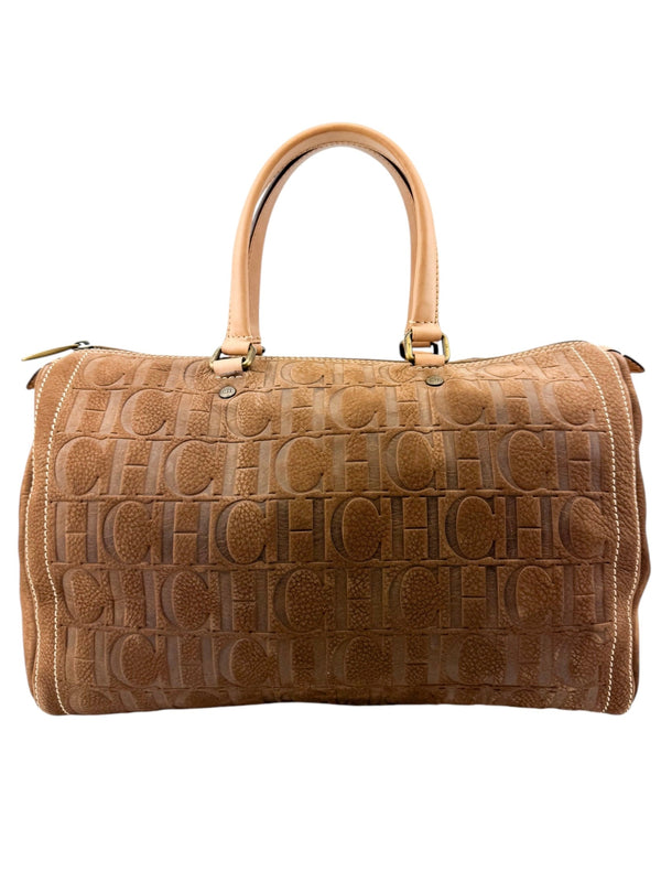 Carolina Herrera Brown Suede Leather Logo Boston Bag