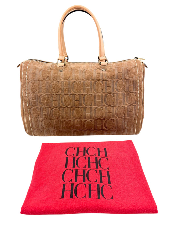 Carolina Herrera Brown Suede Leather Logo Boston Bag