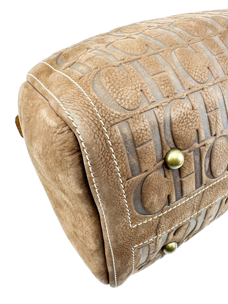 Carolina Herrera Brown Suede Leather Logo Boston Bag
