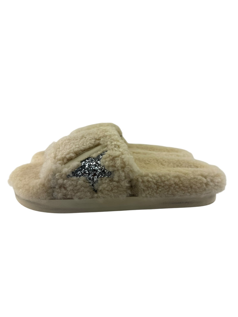 Golden Goose Beige Shearling Glitter Poolstar Slides Size 40