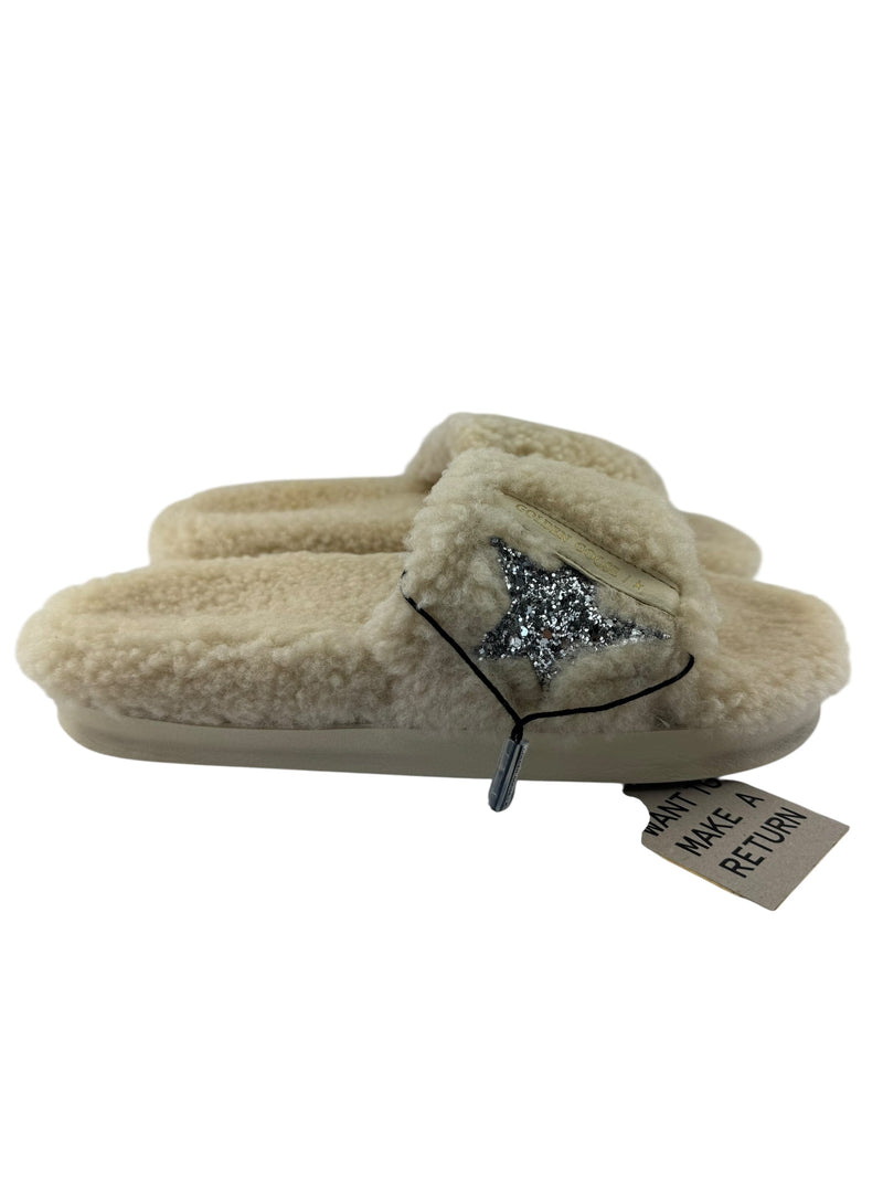 Golden Goose Beige Shearling Glitter Poolstar Slides Size 40