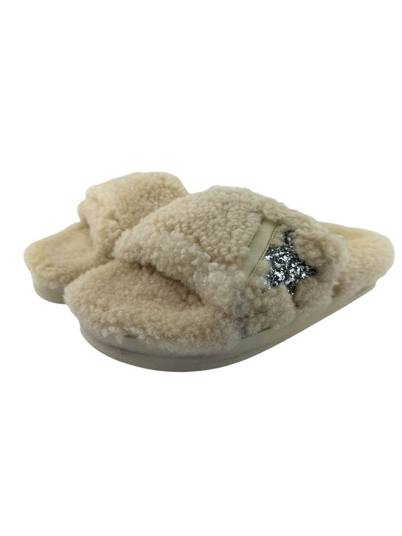 Golden Goose Beige Shearling Glitter Poolstar Slides Size 40