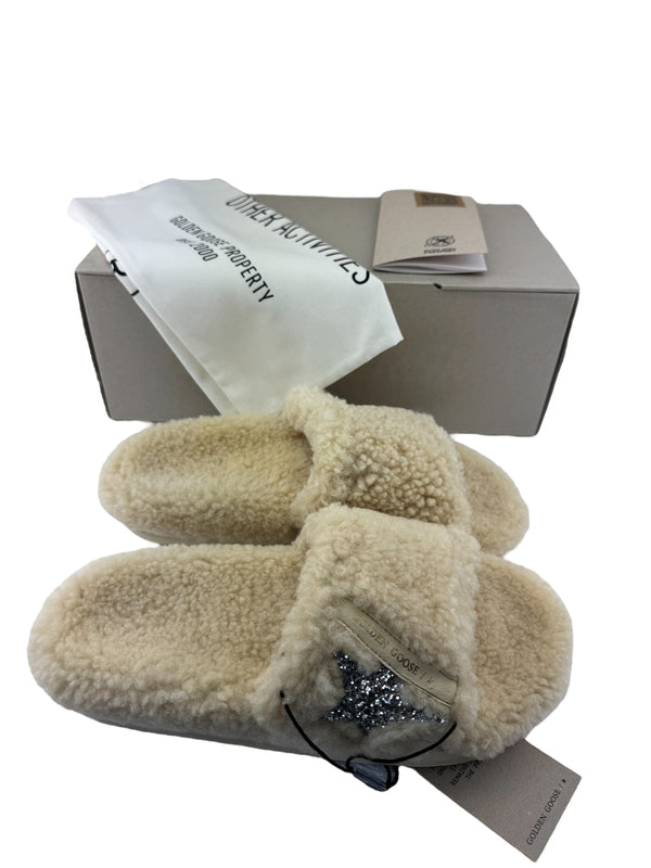 Golden Goose Beige Shearling Glitter Poolstar Slides Size 40
