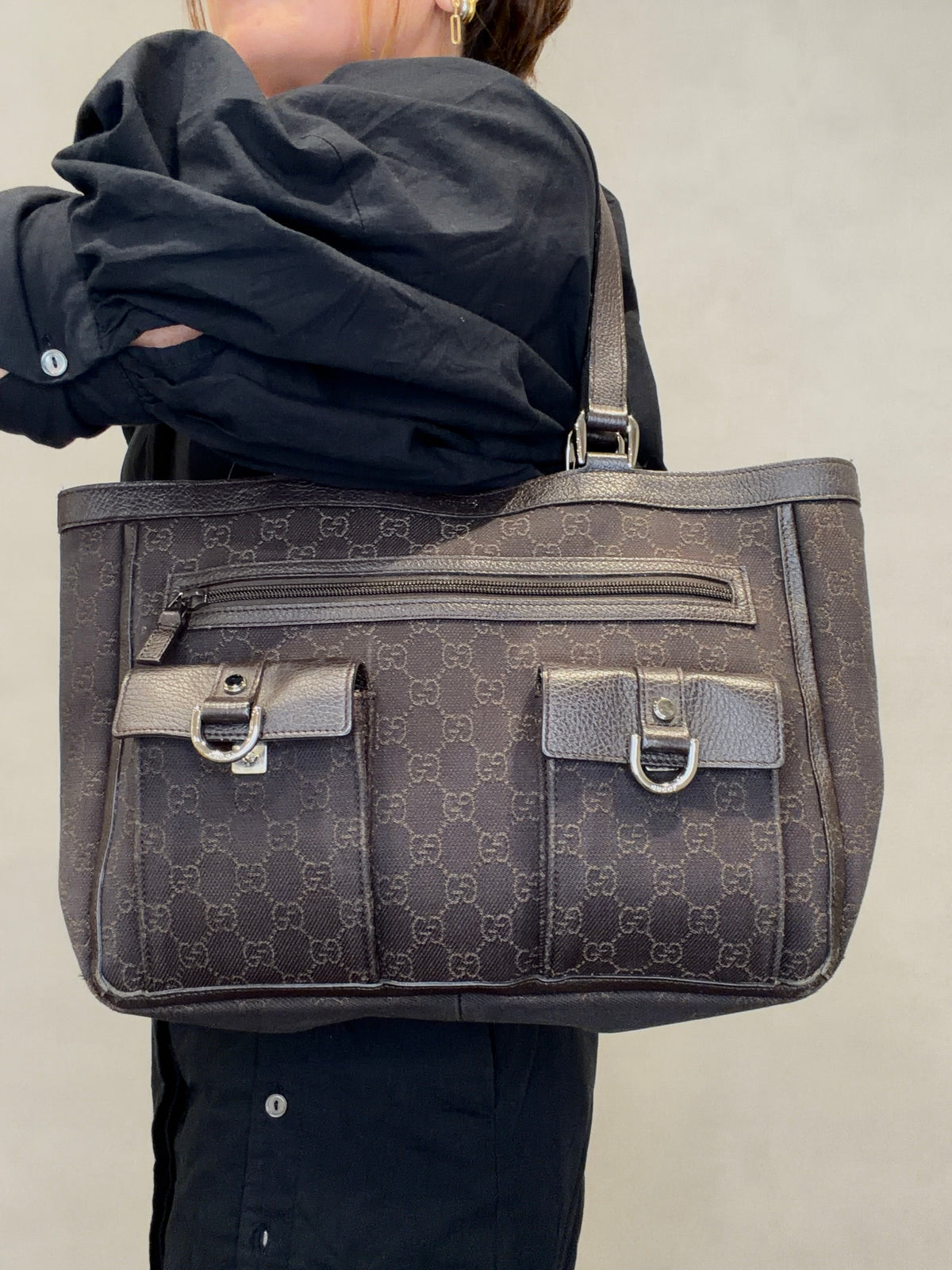 Gucci Abbey GG Canvas Leather Tote Bag Hand Bag Brown