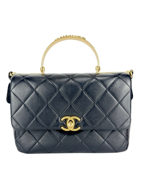 Chanel Black Lambskin Leather Matelasse Top Handle Single Flap Bag Small