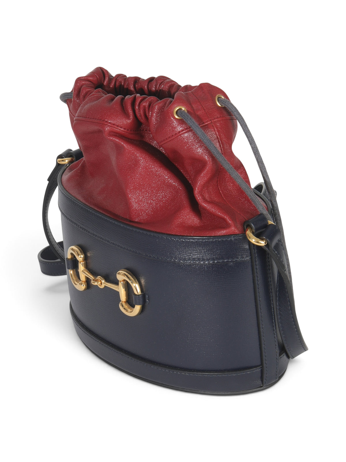 Gucci Red Navy Leather Horsebit 1955 Drawstring Bucket Bag