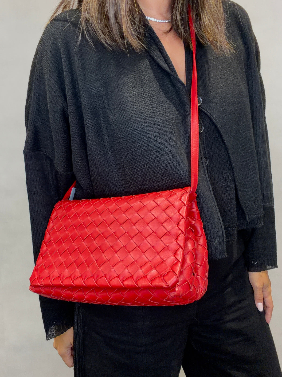 Bottega Veneta Intrecciato Leather Shoulder Bag Crossbody Bag Red
