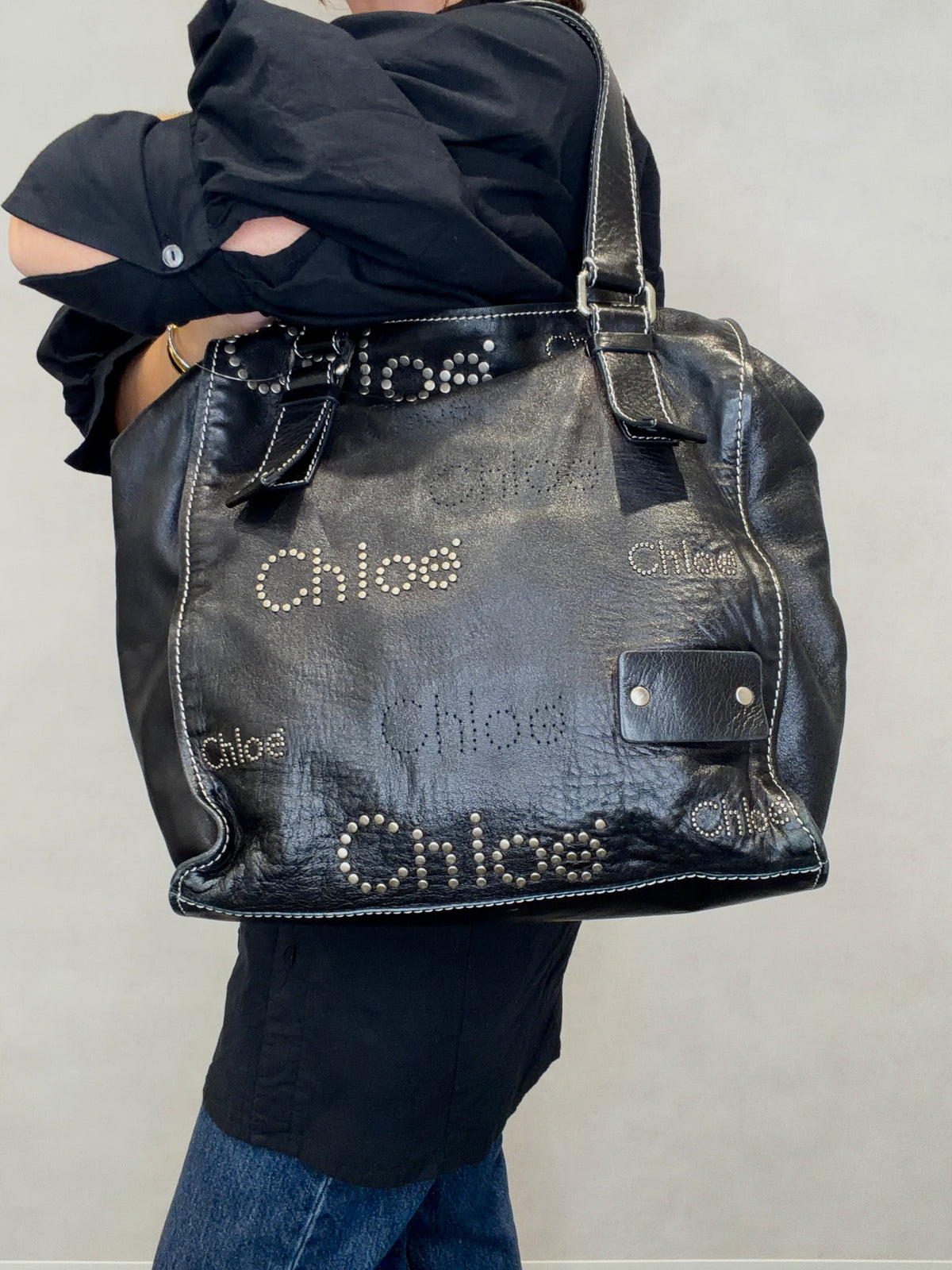 Chloe Patsy Leather Tote Bag Shoulder Bag Studs Black