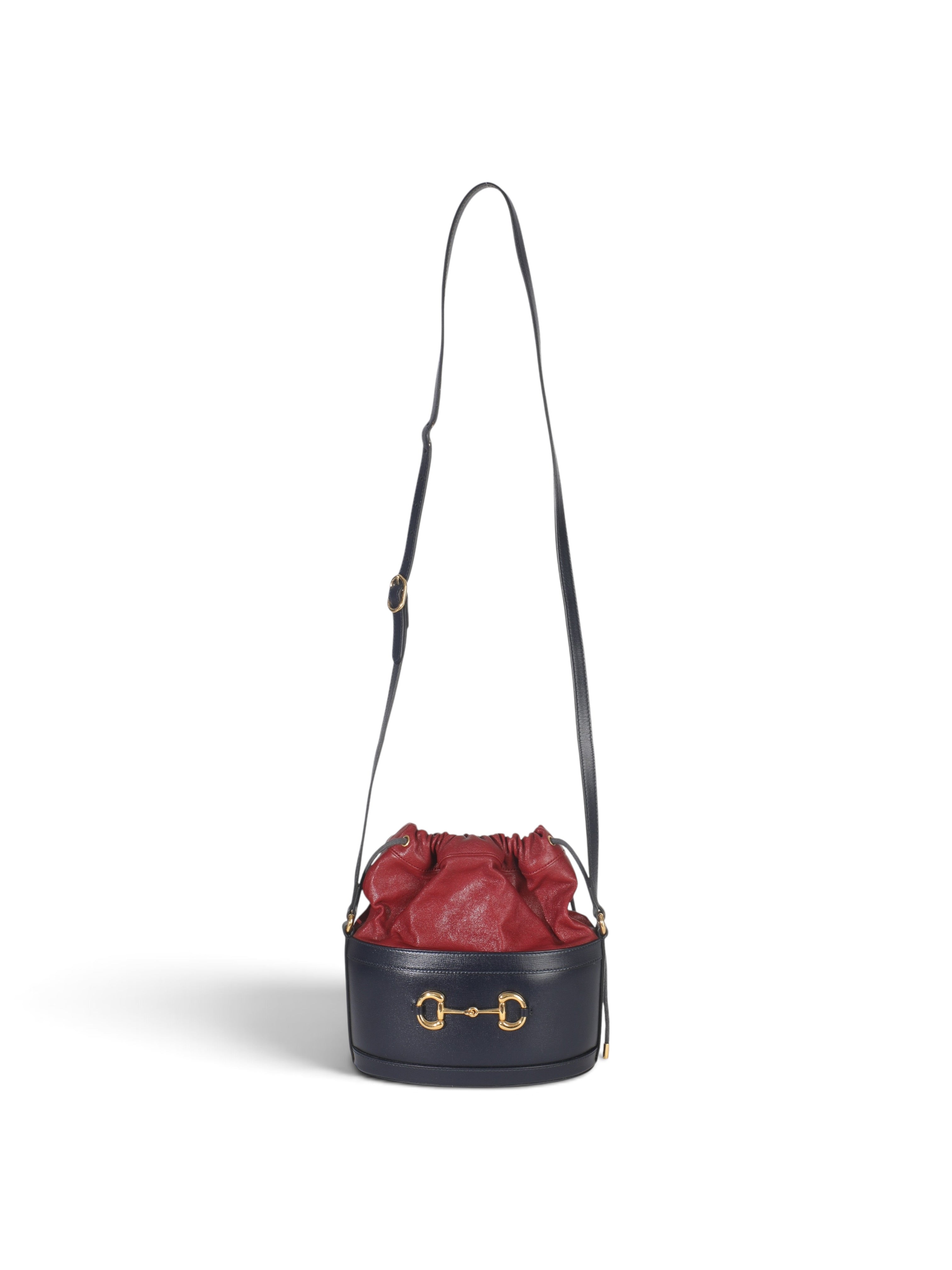 Gucci Red Navy Leather Horsebit 1955 Drawstring Bucket Bag