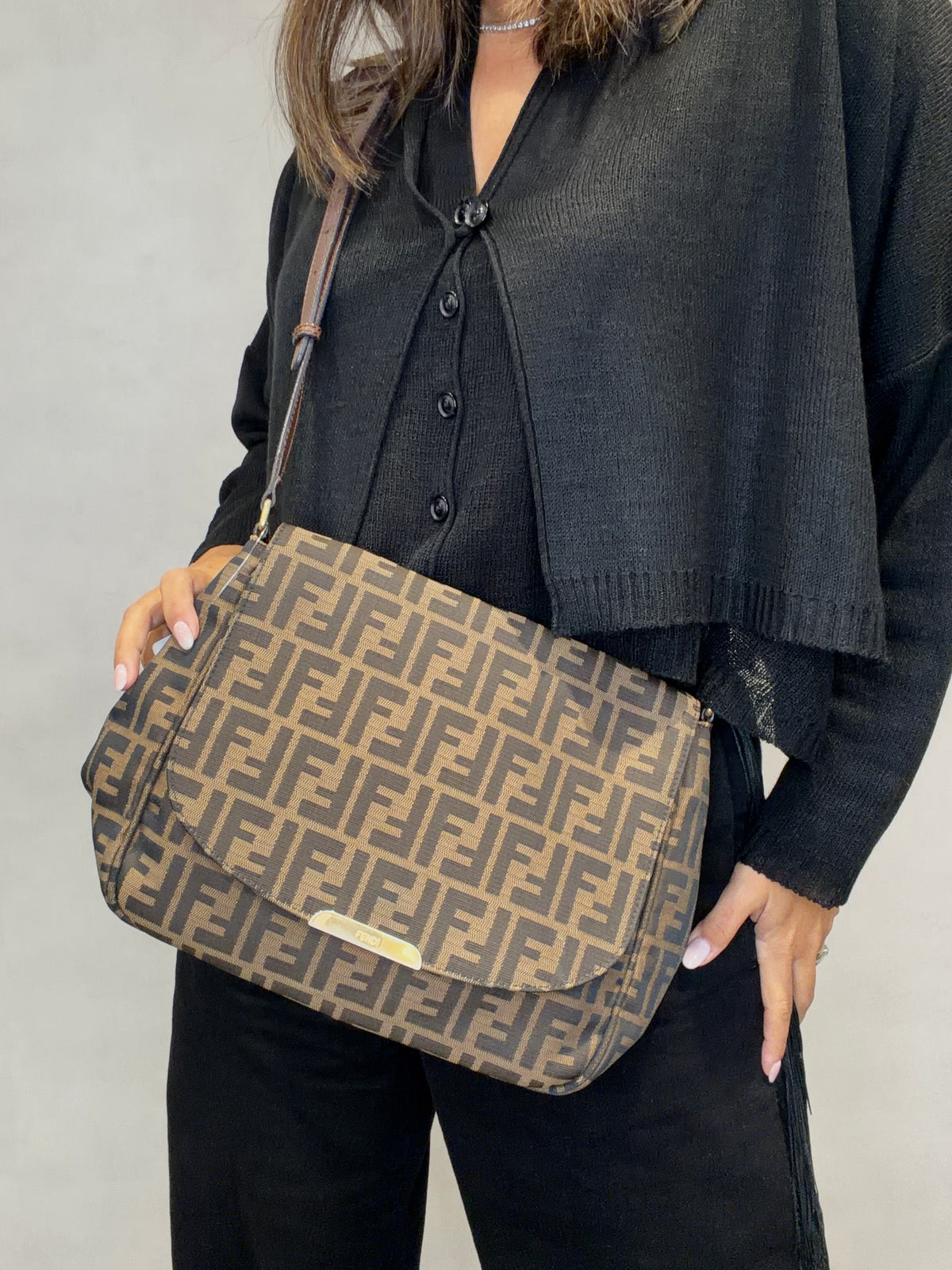 Fendi Zucca Jacquard Leather Shoulder Bag Crossbody Bag Brown