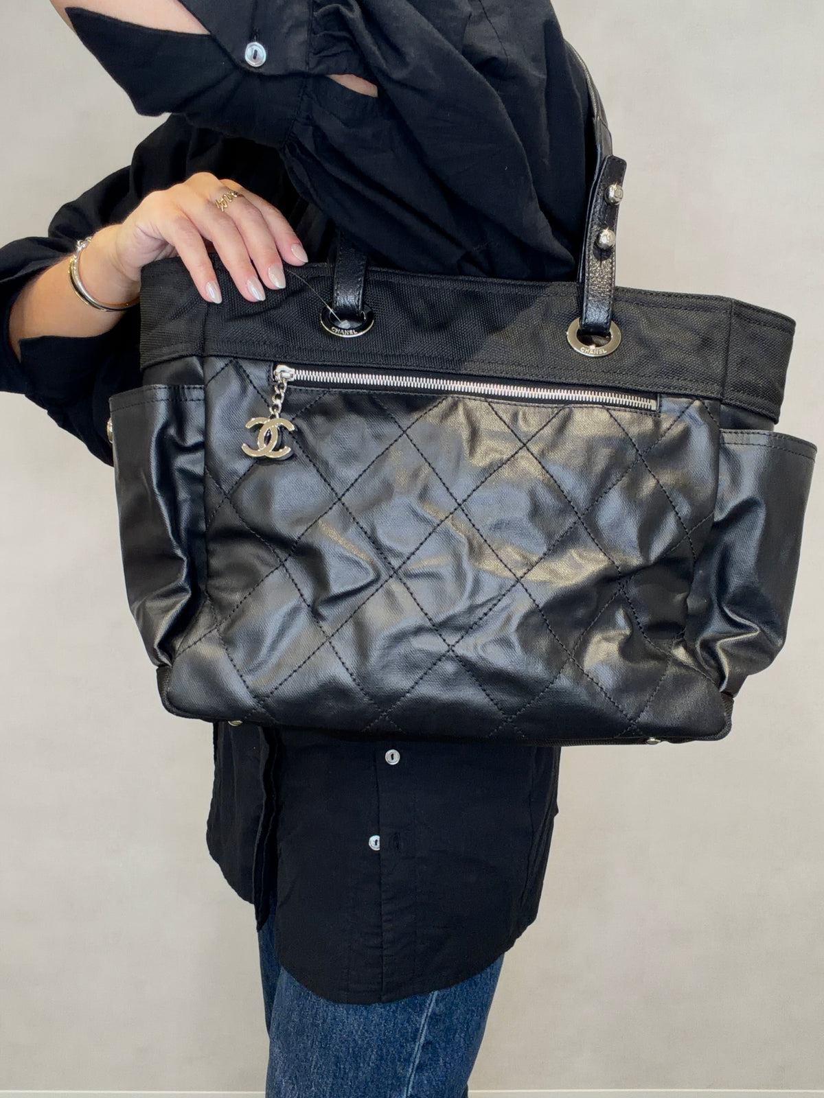 Chanel Paris Biarritz GM PVC Leather Tote Bag Black