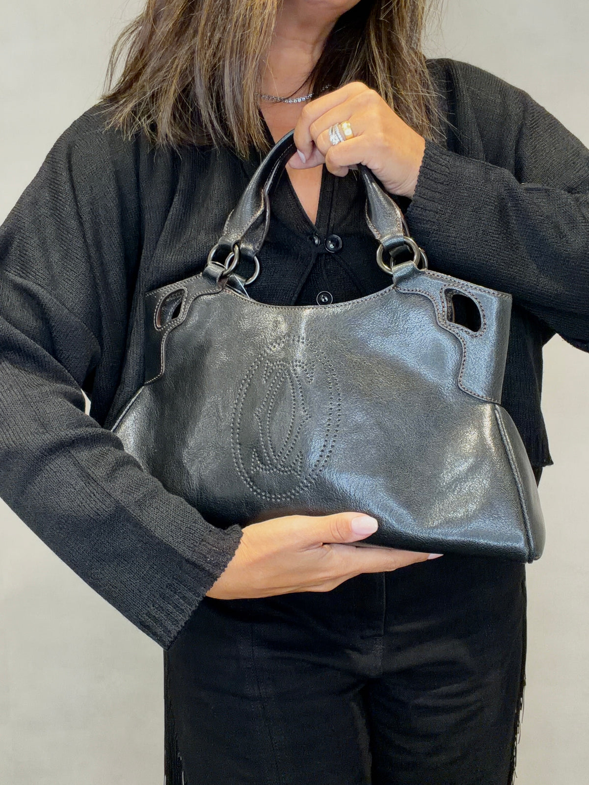 Cartier Marcello de Cartier Leather Hand Bag Tote Bag Black