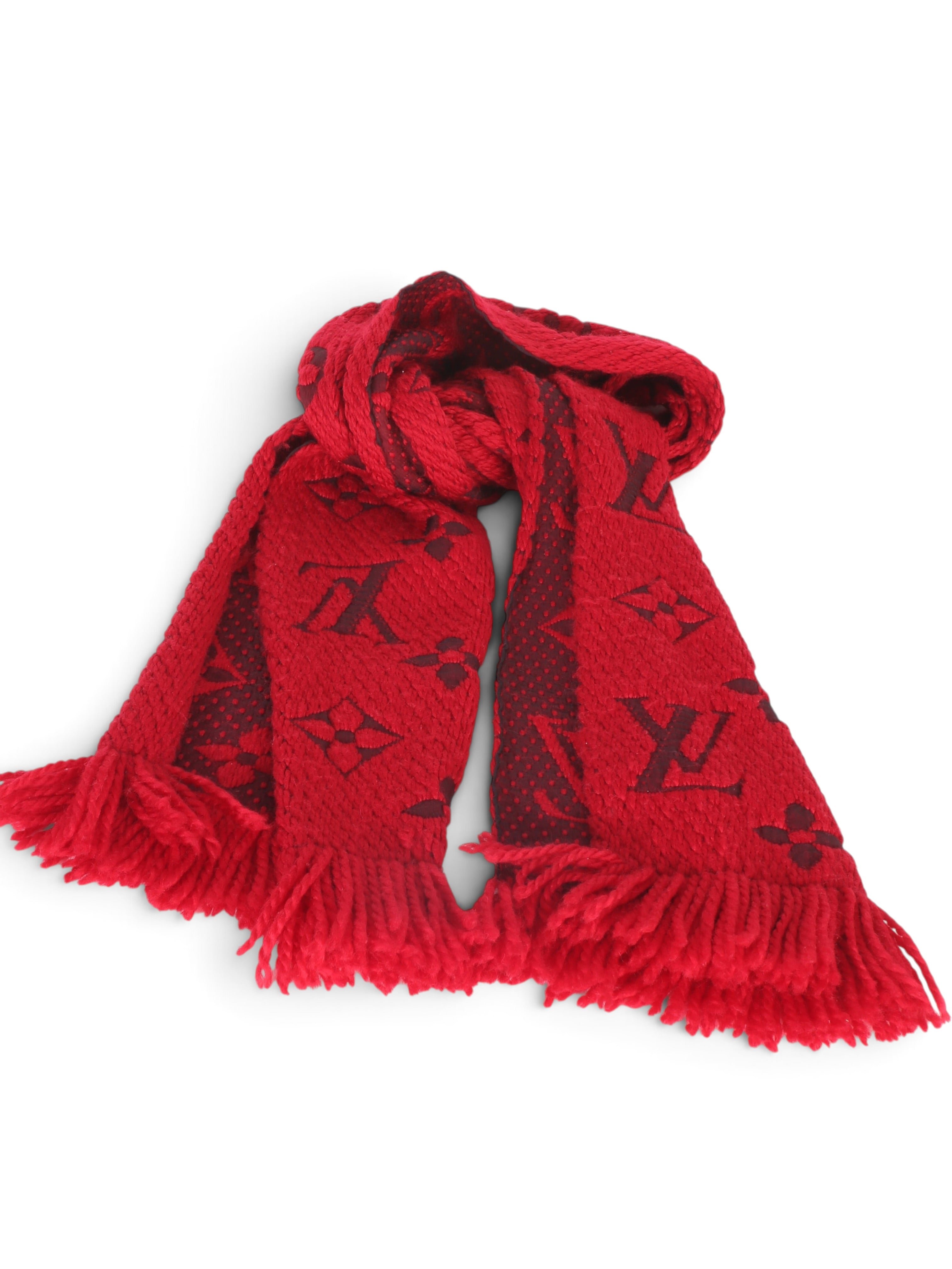 Louis Vuitton Red Wool Logomania Fringe Scarf