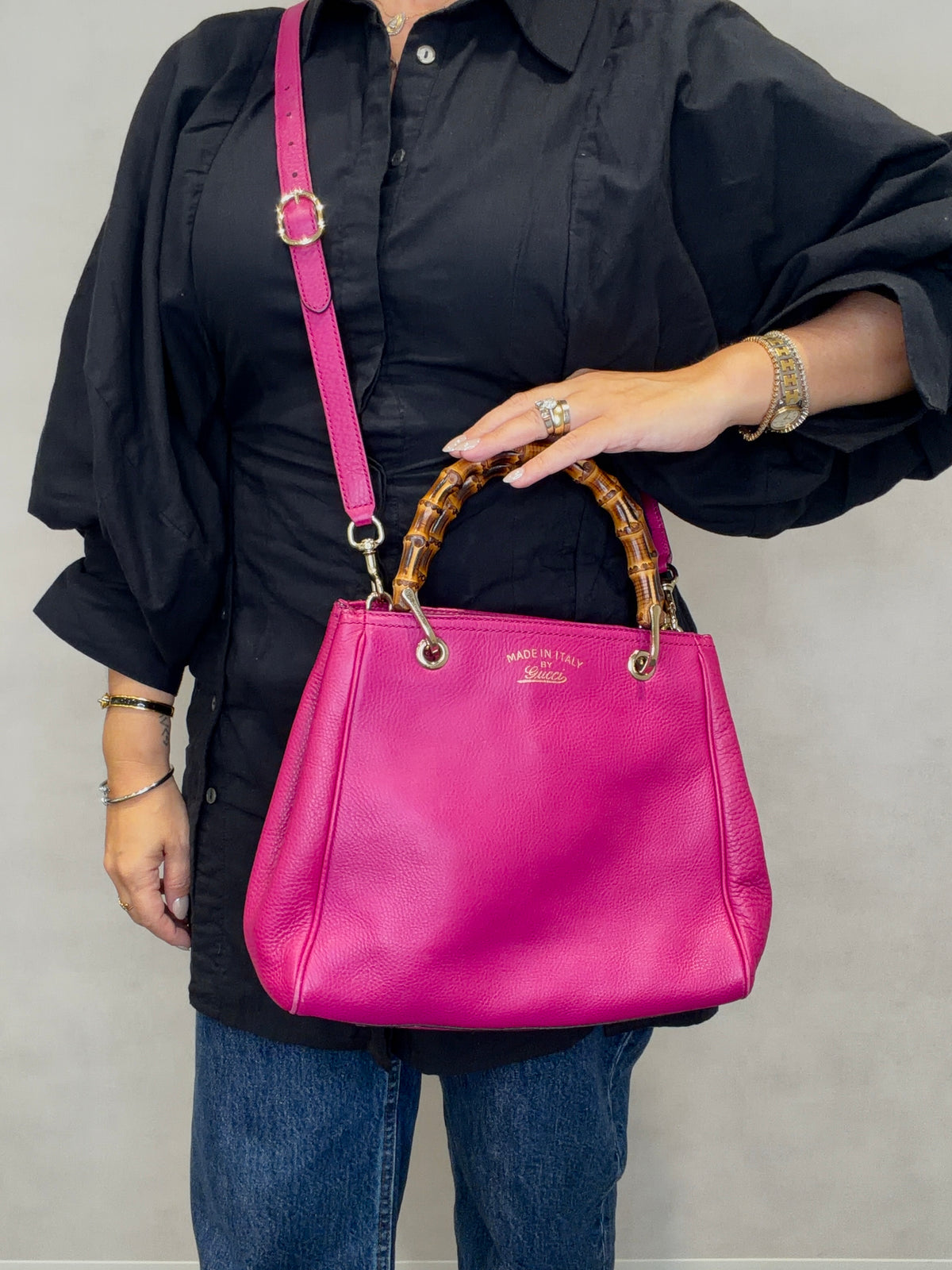 Gucci Bamboo Shopper Small Leather 2Way Bag Tote Bag Pink