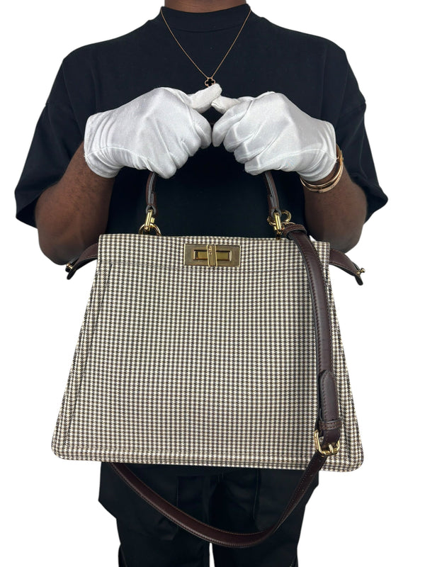 Fendi Brown and Beige Wool Houndstooth Peekaboo Satchel Medium (FULL SET)