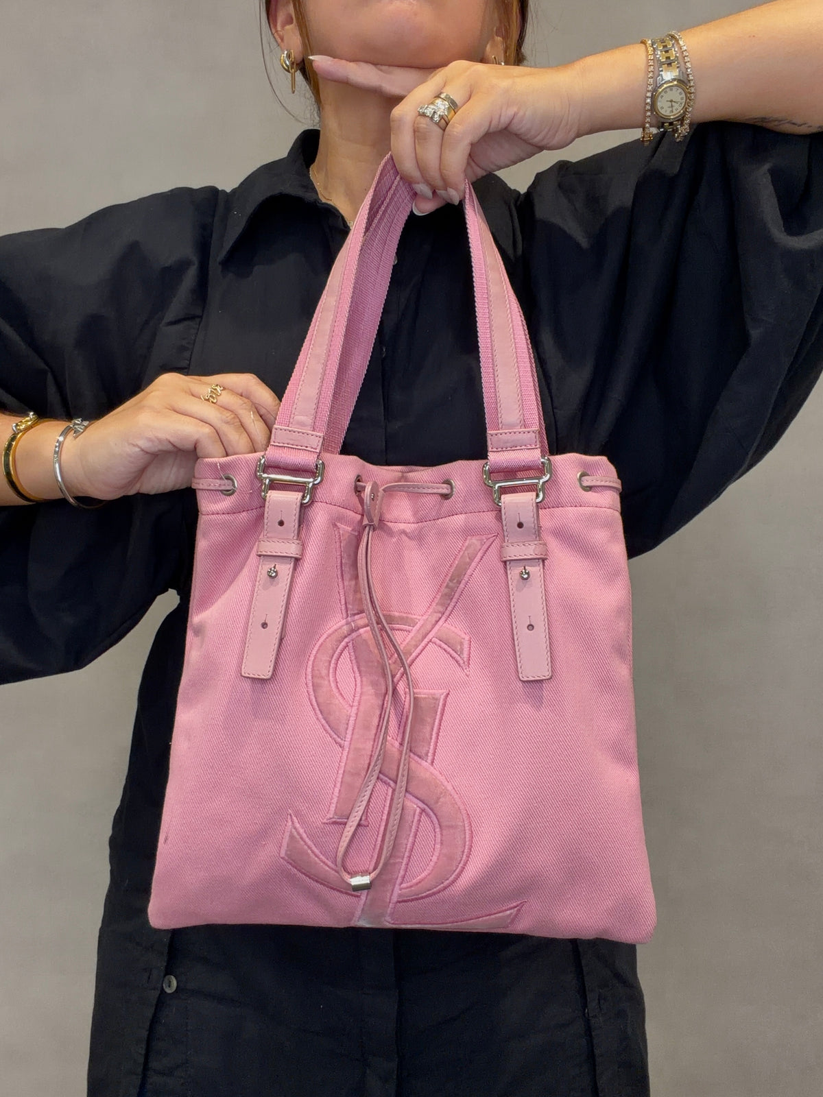 Saint Laurent Paris Kahara Cassandra Canvas Leather Tote Bag