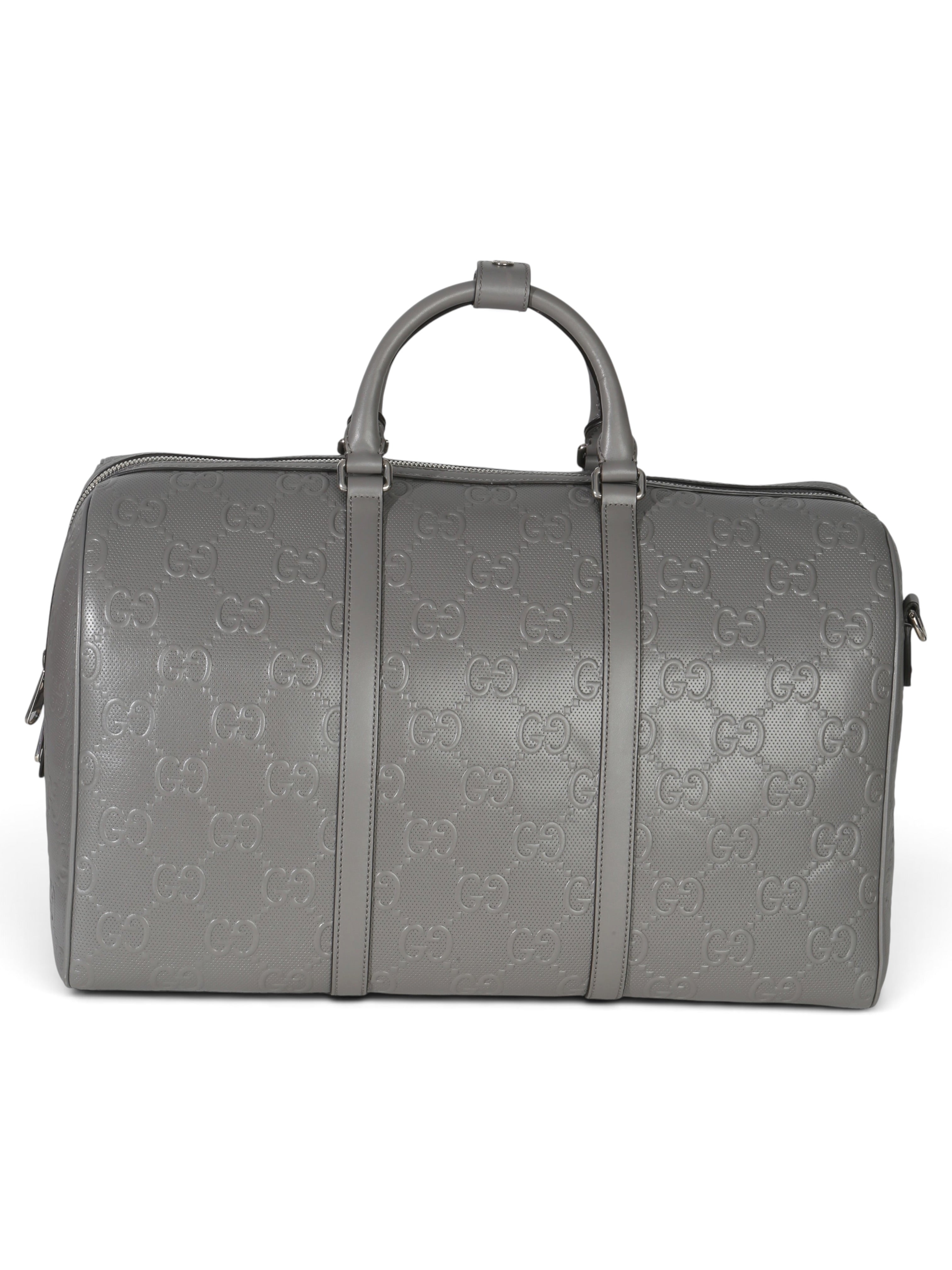 Gucci Grey Embossed Leather Monogram Tennis Duffle Medium