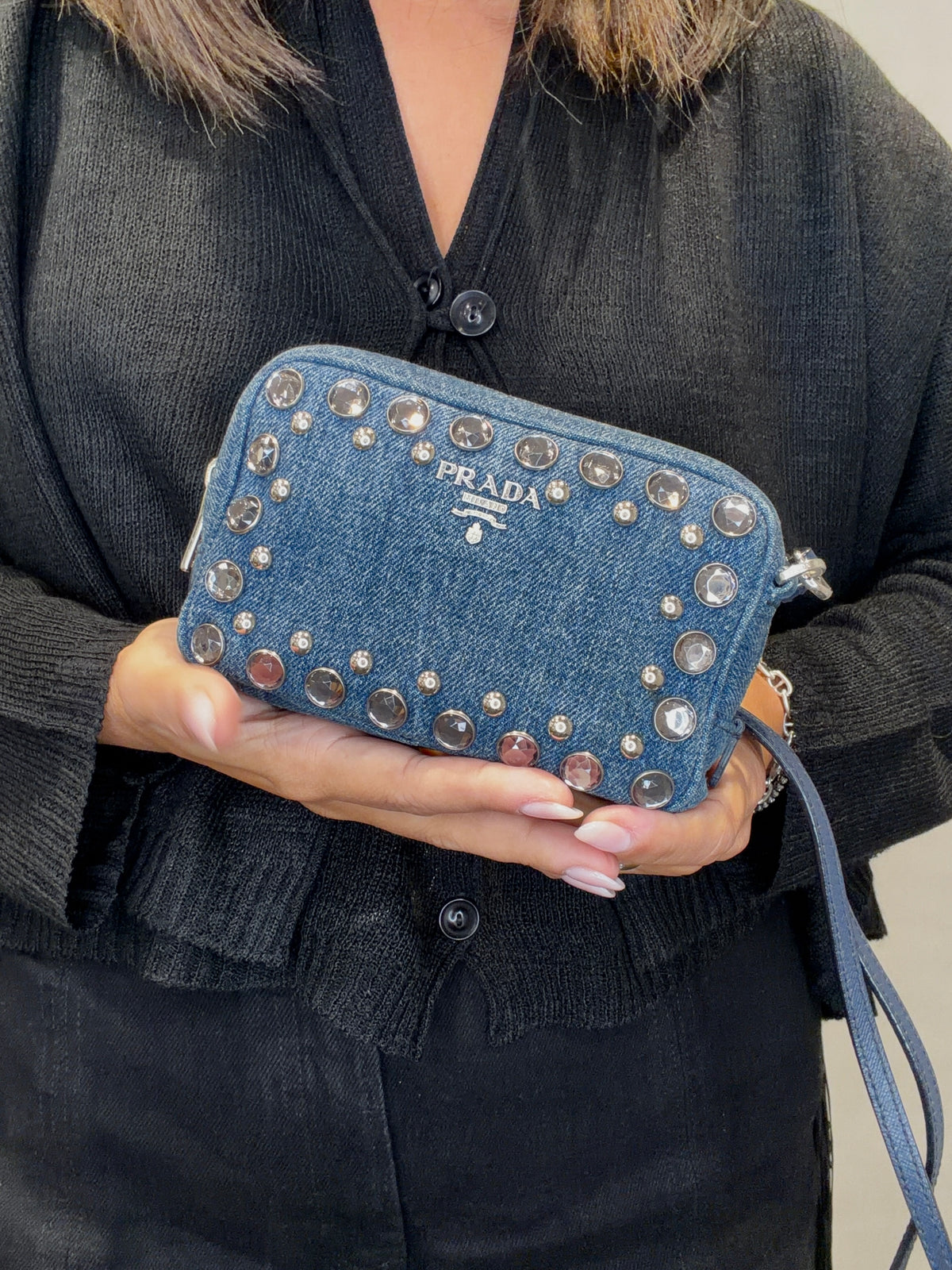 Prada Logo Denim Shoulder Bag Crossbody Bag Rhinestone Blue